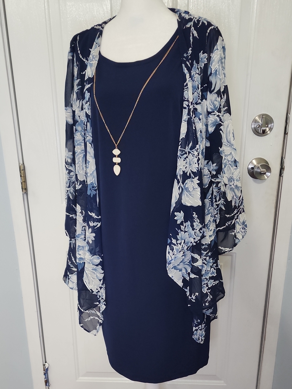 Sandra Darren Navy Dress with White Lining Detail